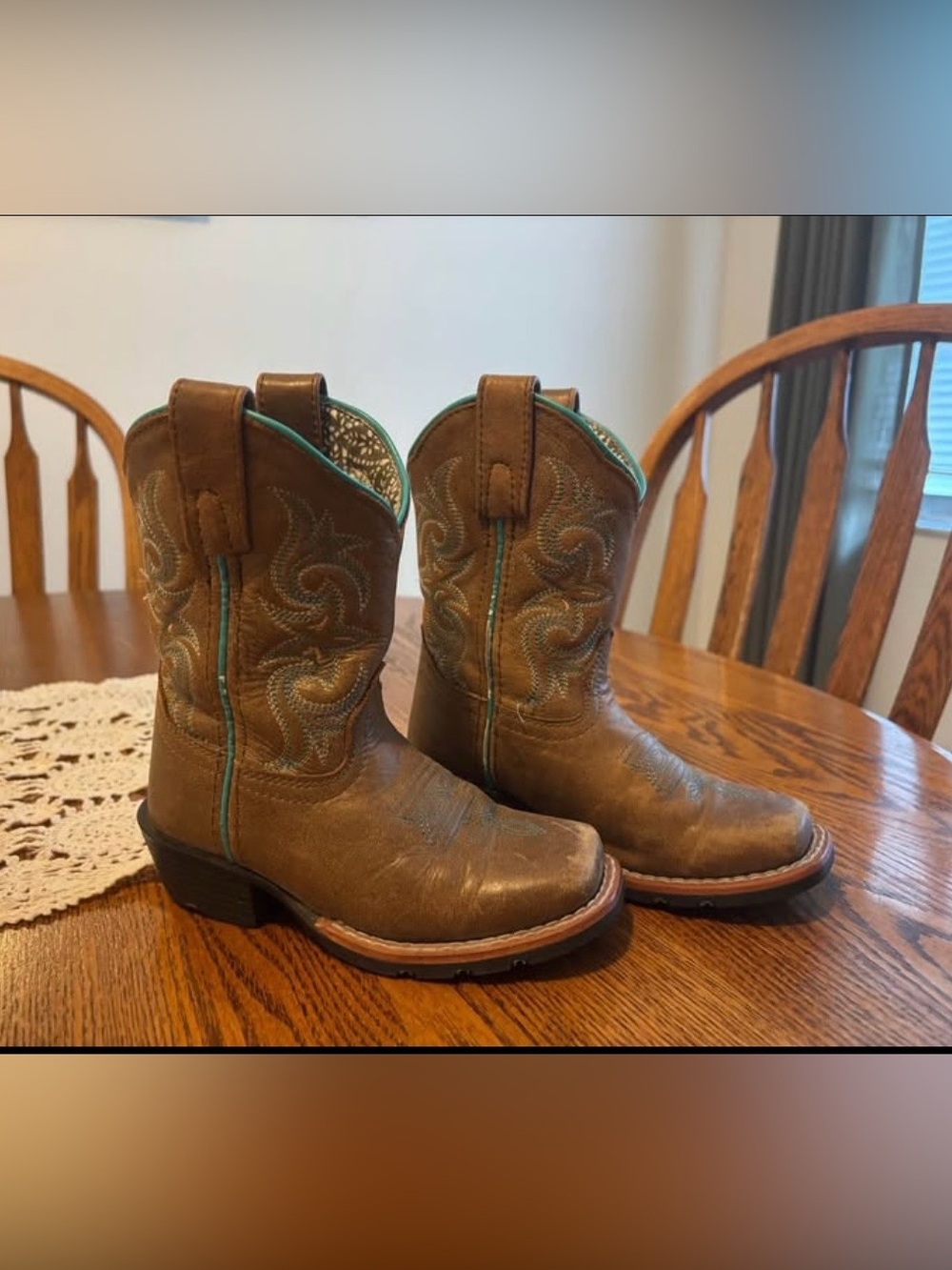 Kids Brown Western Cowboy Boots with Turquoise Stitching